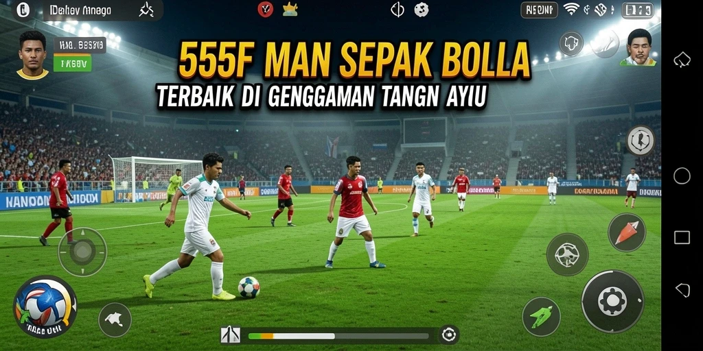 Screenshot utama 555F menampilkan gameplay sepak bola yang mendebarkan.