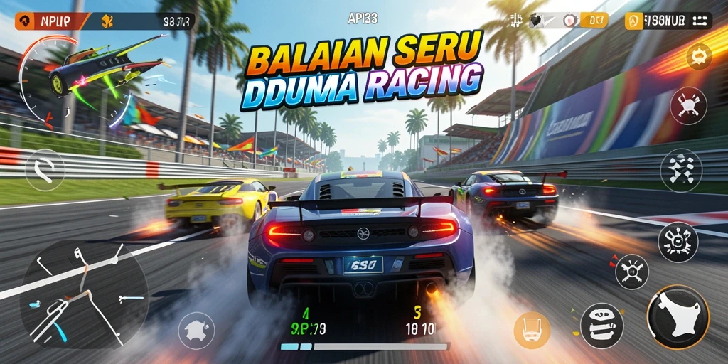 Screenshot gameplay API33 dengan balapan intens dan mobil yang cepat.
