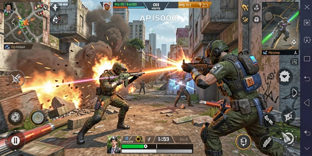Screenshot API5000 menampilkan aksi pertempuran seru di medan perang FPS.