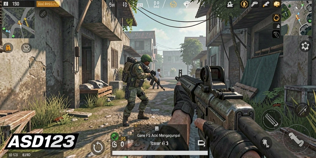 Screenshot utama menampilkan aksi tembak-menembak yang intens dalam permainan FPS.