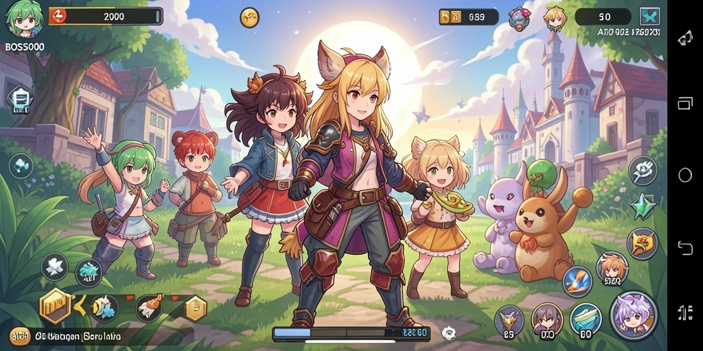 Screenshot utama BOS5000 menampilkan pertarungan seru dengan karakter Anime.