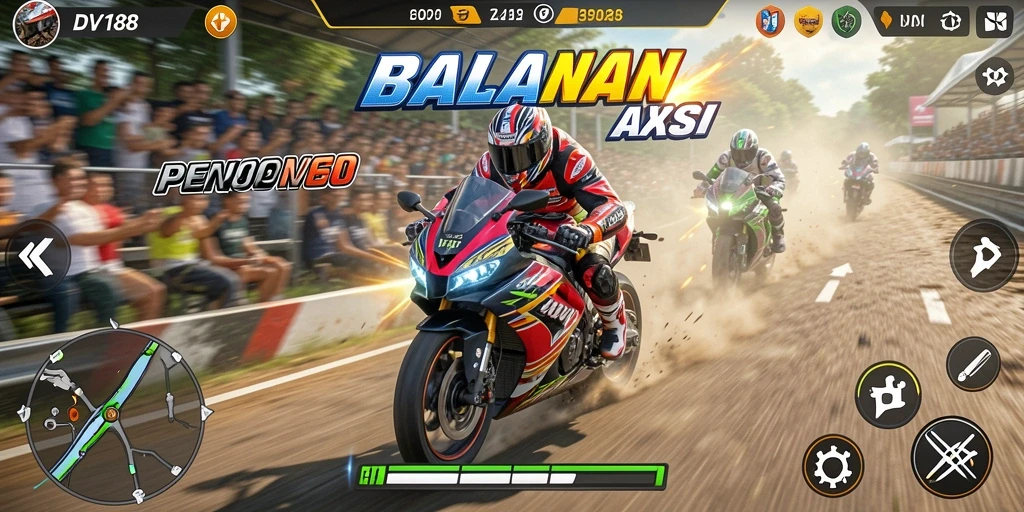 Screenshot utama DV188 menampilkan aksi balapan motor yang mendebarkan.