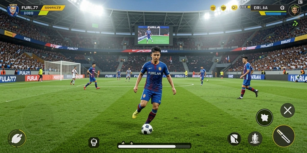 Screenshot FURLA77 menampilkan aksi pertandingan sepak bola yang mendebarkan.