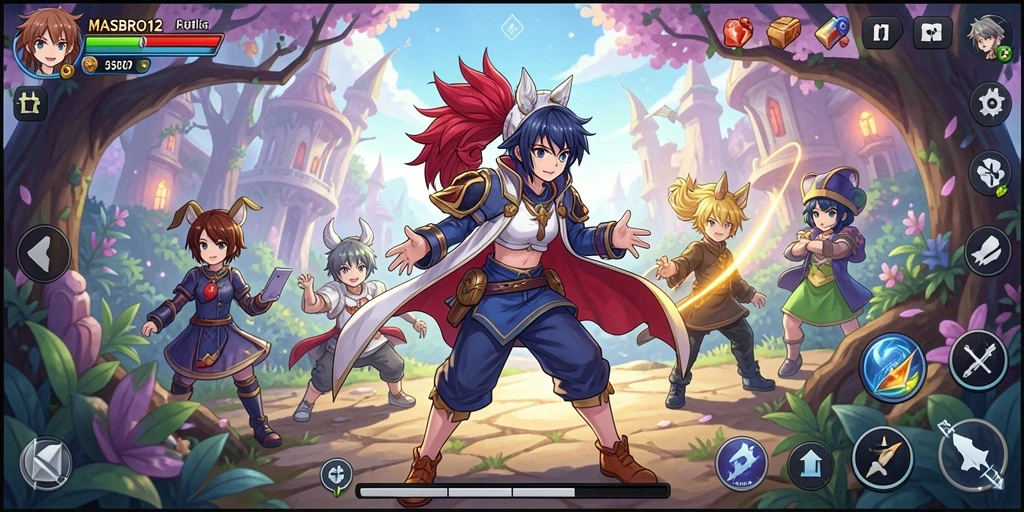 Screenshot dari gameplay <strong>MASBRO12</strong> menampilkan aksi seru para karakter Anime dalam pertempuran.