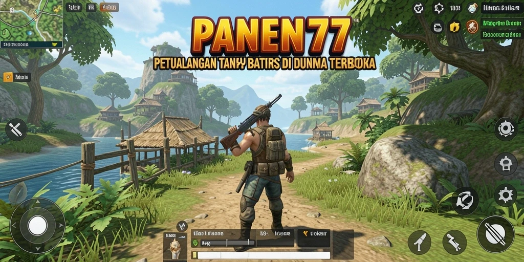 Screenshot dari gameplay PANEN77 menunjukkan keindahan dunia terbuka yang luas.