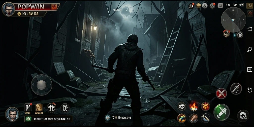Screenshot utama POPWIN menampilkan gameplay menyeramkan di lingkungan gelap.