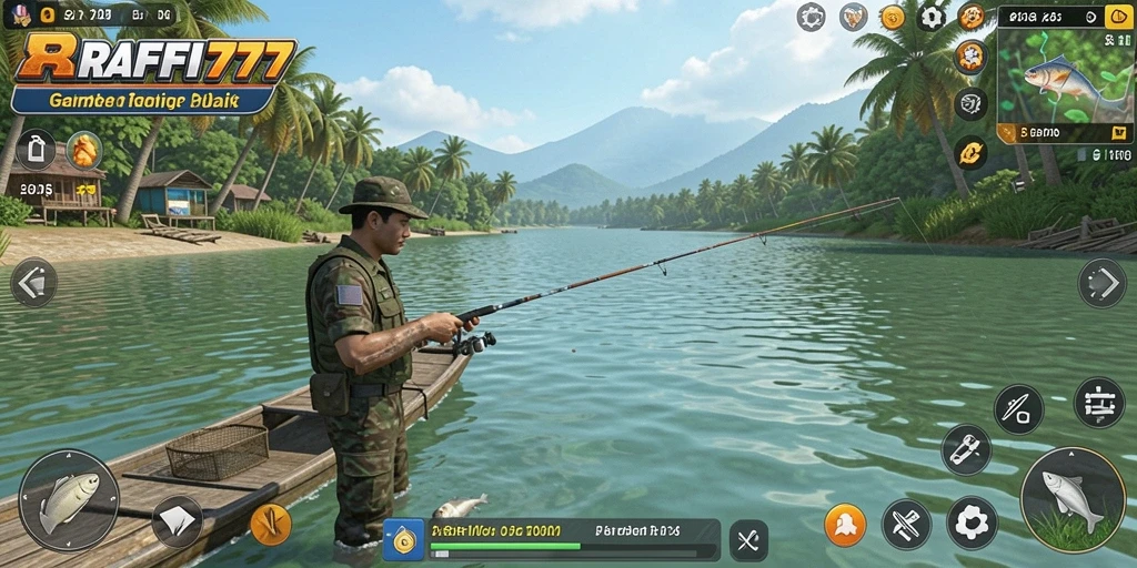 Tampilan gameplay utama RAFFI777 yang menunjukkan aksi memancing seru.