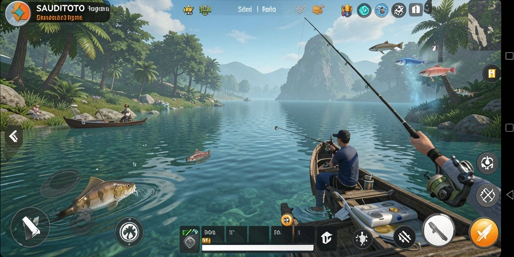 Tampilan gameplay SAUDITOTO dengan aksi memancing yang seru.