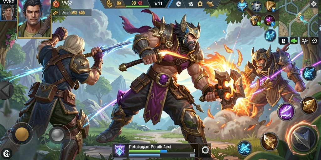 Tampilan layar utama game ARPG VV62 dengan aksi pertarungan yang intens.