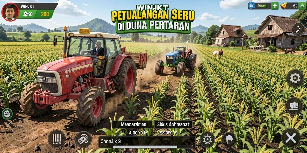 Menggambarkan gameplay pertanian seru di WINJKT dengan berbagai aktivitas menanam dan merawat hewan.