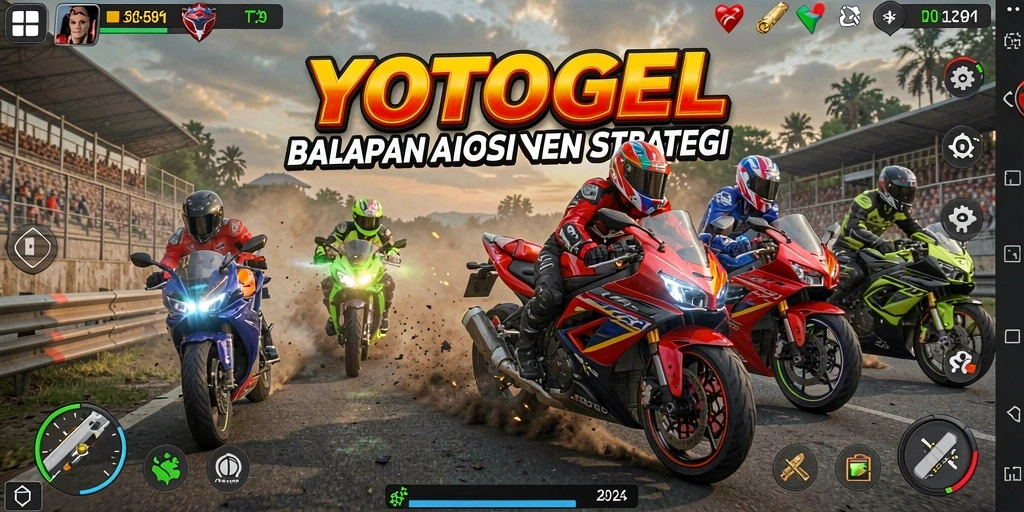 Tangkapan layar gameplay YOTOGEL menampilkan balapan motor yang menegangkan.